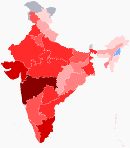 alt=Kaart van het aantal bevestigde besmettingen in India (peildatum 2 april) ■ 1–9 bevestigde besmettingen ■ 10–49 bevestigde besmettingen ■ 50–99 bevestigde besmettingen ■ 100+ bevestigde besmettingen