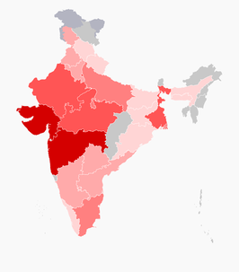 alt=Kaart van het aantal sterfgevallen in India (peildatum 2 april) ■ 1–9 sterfgevallen ■ 10–49 sterfgevallen