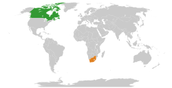 Map indicating locations of Canada and South Africa