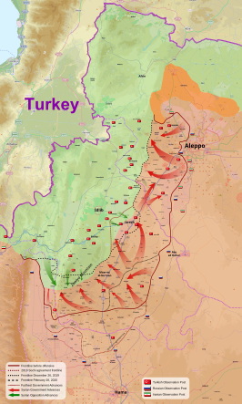 Situatie begin 2020 in Noordwest-Syrië: De opmars van het Syrische leger in het rood en de tegenaanval van Turkse troepen in het groen.