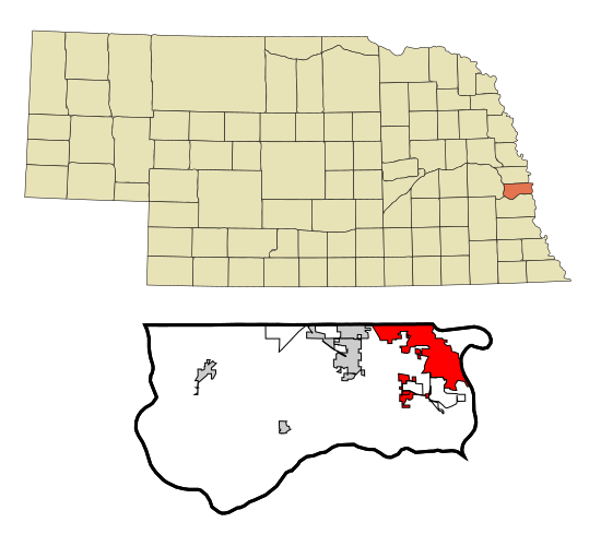 Fitxategi:Sarpy County Nebraska Incorporated and Unincorporated areas Bellevue Highlighted.svg