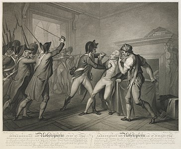Les troupes de la Convention s'emparent de Robespierre à l'Hôtel de Ville. Estampe, Paris, BnF, vers 1794.