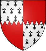 Left: arms of FitzWarin, Baron FitzWarin: Quarterly per fess indented argent and gules; right a differenced version (with ermine) as shown, for his wife, in the portrait of Richard Whittington circa 1590 by Reginald Elstrack, also known to have been used by the family of Baron FitzWarin