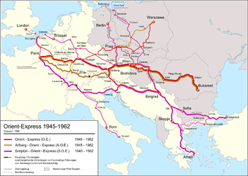 Mapa do Expresso Oriente 1945-1962 a rota Arlberg está na cor bege