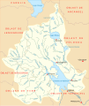 Mapa de la cuenca del embalse de Ríbinsk en el que aparece, en su orilla sur, Rýbinsk