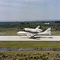 Columbia, mated to the Shuttle Carrier Aircraft, arrives at Kennedy Space Center after STS-1 to be prepared for its next mission.