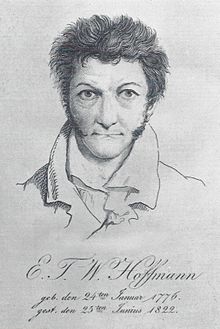 Autoportrait d'Hoffmann : dessin en noir et blanc. L'auteur est représenté de face, les cheveux ébouriffés et le visage fermé.