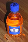 A photograph of the "with sugar" version of A.G. Barr's Irn-Bru softdrink.