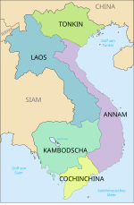 Administrative Gliederung der Kolonie Indochina mit den mehrheitlich vietnamesischen Regionen Tonkin, Annam und Cochinchina