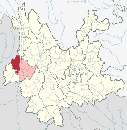 Location of Tengchong (red) in Baoshan City (pink) and Yunnan