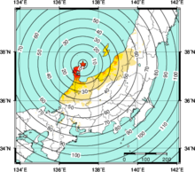 能登半島北部の震源近くに「0」と書かれた円がある。この円より内側では、緊急地震速報の発表が主要動に間に合わなかったことを意味する。