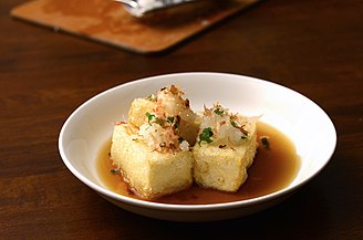 Agedashi dōfu is tofu coated with potato starch and deep-fried.