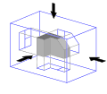 The same image, with views of the object projected in the direction of sight onto walls using first-angle projection.