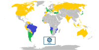 葡萄牙語國家共同體分布圖，藍色為會員國，綠色為觀察員國，黃色為有興趣的國家和地區
