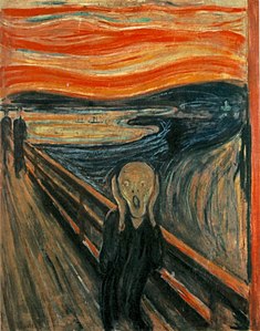 La krio de Edvard Munch (1893): Portretas viron esprimantan sentojn de angoro aŭ timo