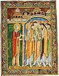 Mary Magdalen announcing the Resurrection, from the St. Albans Psalter; 1120–1145.[43]