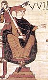 Vilhjálmur sigurvegari í orrustunni um Hastings; bútur af Bayeux-reflinum