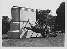Photograph of the Greene statue after toppling