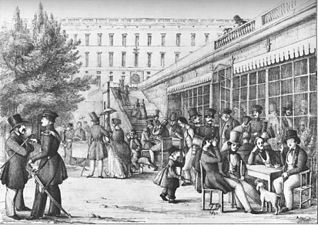 Wilhelmina Skoghs första arbetsplats, restaurang Strömparterren. En tidig teckning av folklivet vid restaurangen från 1841.