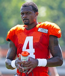 Deshaun Watson with the Cleveland Browns during training camp in 2023.