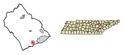 Location of Oakdale in Morgan County, Tennessee.