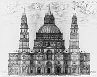 Гравюра, изображающая чрезвычайно сложную проработку фасада, с двумя богато украшенными башнями и множеством окон, пилястр и фронтонов, над которыми возвышается купол, выглядящий как трёхярусный свадебный торт.