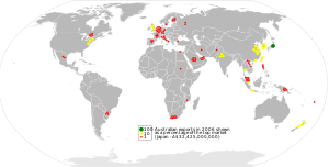 Peta dunia menunjukkan sebaran komoditas dari Australia ke seluruh dunia