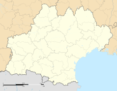 Mapa konturowa Oksytanii, na dole znajduje się punkt z opisem „Belcaire”