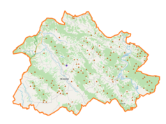 Mapa konturowa powiatu brzozowskiego, blisko centrum po lewej na dole znajduje się punkt z opisem „Brzozów”