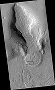 Glacier as seen by HiRISE under the HiWish program. Area in rectangle is enlarged in the next photo. Zone of accumulation of snow at the top. Glacier is moving down valley, then spreading out on plain. Evidence for flow comes from the many lines on surface. Location is in Protonilus Mensae in Ismenius Lacus quadrangle.