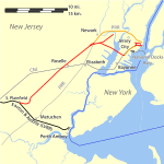 Map of lines approaching the Hudson waterfront from the south; the grey Central New Jersey line from Bayonne to Elizabeth was carried by Newark Bay Bridge