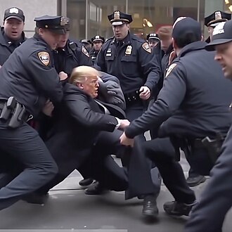 Journalist Eliot Higgins' Midjourney-generated image depicts former President Donald Trump getting arrested. The image was posted on Twitter and went viral.[112]