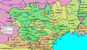 Politisk kort over Languedoc ved indledningen af det Albigensiske korstog