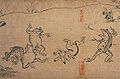 Část svitku Čoju džinbucu giga emaki vyobrazující zápasící žabáky v sumó.