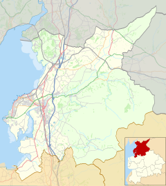 Map showing location of Borwick Hall within the City of Lancaster district, in the very northwest of the county just south of the border with Cumbria