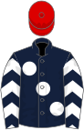 Dark blue, large white spots, chevrons on sleeves, red cap