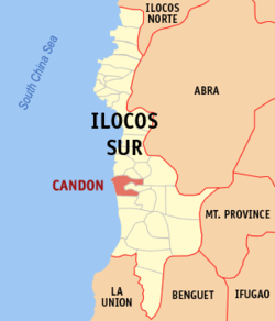 Mapa ng Ilocos Sur na ipinakikita ang lokasyon ng Lungsod ng Candon.