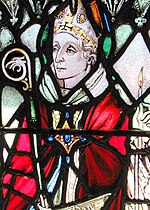 Stained glass image of Saint Aidan of Lindisfarne, at a monastic chapel, 1920
