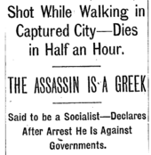 Titre de journal en anglais faisant état de la mort d'un homme, où l'on peut lire « Shot While Walking in Captured City-Dies in Half an Hour ».