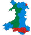 Wyniki wyborów parlamentarnych w 2019 roku w Walii (dwa i pół miesiąca przed brexitem), kolorem czerwonym zaznaczono jednomandatowe okręgi wyborcze, w których zwyciężyła Partia Pracy, niebieskim – Partia Konserwatywna, a zielonym – Plaid Cymru