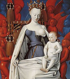 Jean Fouquet, Vierge entourée de séraphins et de chérubins, Diptyque de Melun (1452-1453), Musée royal des beaux-arts (Anvers), figurant Agnès Sorel[4].