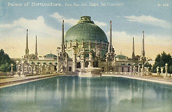 O Palace of Horticulture na Panama–Pacific International Exposition em San Francisco de Arthur Brown Jr. (1915 demolido em 1916)