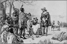 A pen drawing of two men in 17th-century Dutch clothing presenting an open box of items to a group of Native Americans in feather headdresses stereotypical of plains tribes.