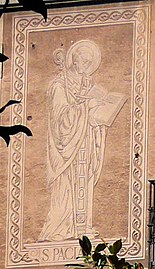 Saint Pacianus in the façade of the bishop's palace in Barcelona, Catalonia.