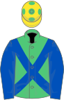 Emerald green,royal blue cross sashes,royal blue sleeves,yellow cap,green spots