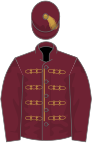 Claret, gold braid, claret sleeves, claret cap, silver peak