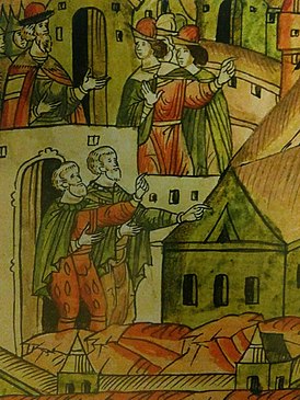 Зодчие Пьетро Антонио Солари и Марк Фрязин (внизу). Фрагмент миниатюры Лицевого летописного свода (1568—1576 гг.)