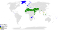 Pays ayant une religion d'État. En vert, les pays musulmans, en bleu, ceux chrétiens, et en jaune, ceux bouddhistes.