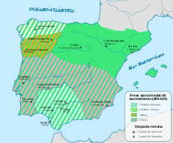 Áreas saqueadas o reclamadas por los bárbaros en Hispania hacia 418