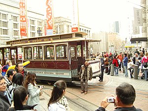 Drivers turning cable car on a turntable at San Francisco
